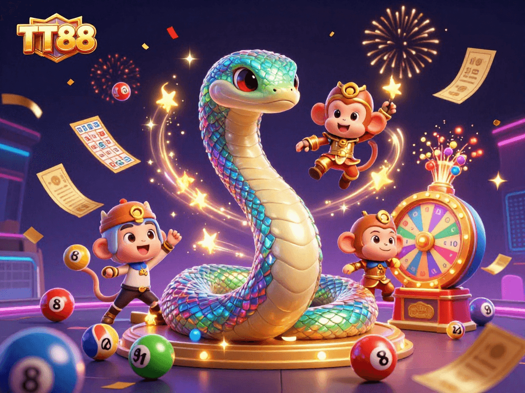 Experience thrilling moments with TT88 as colorful lottery elements come alive in this vibrant 3D scene.