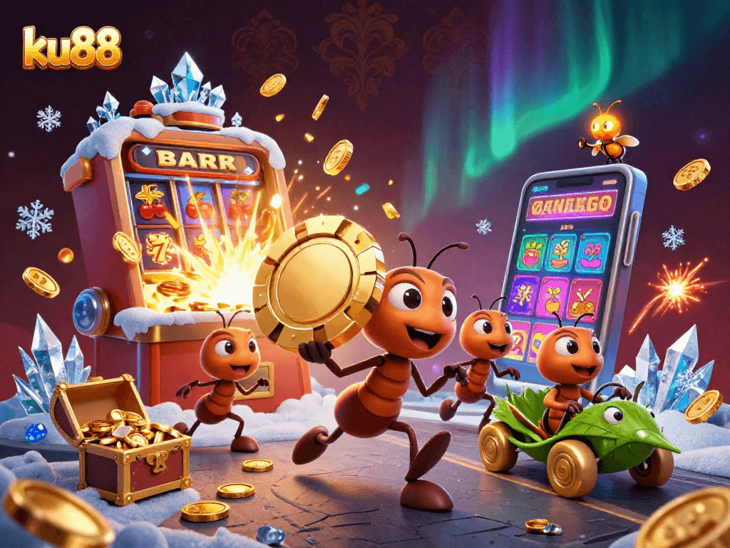 ku88 ants pulling off a heist in a vibrant 3D casino illustration
