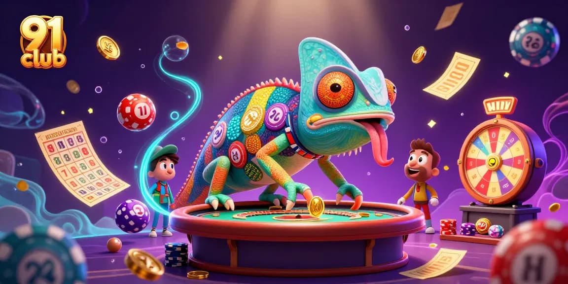 Engage in thrilling gameplay at 91 club with colorful and dynamic casino elements surrounding the vibrant chameleon owner.