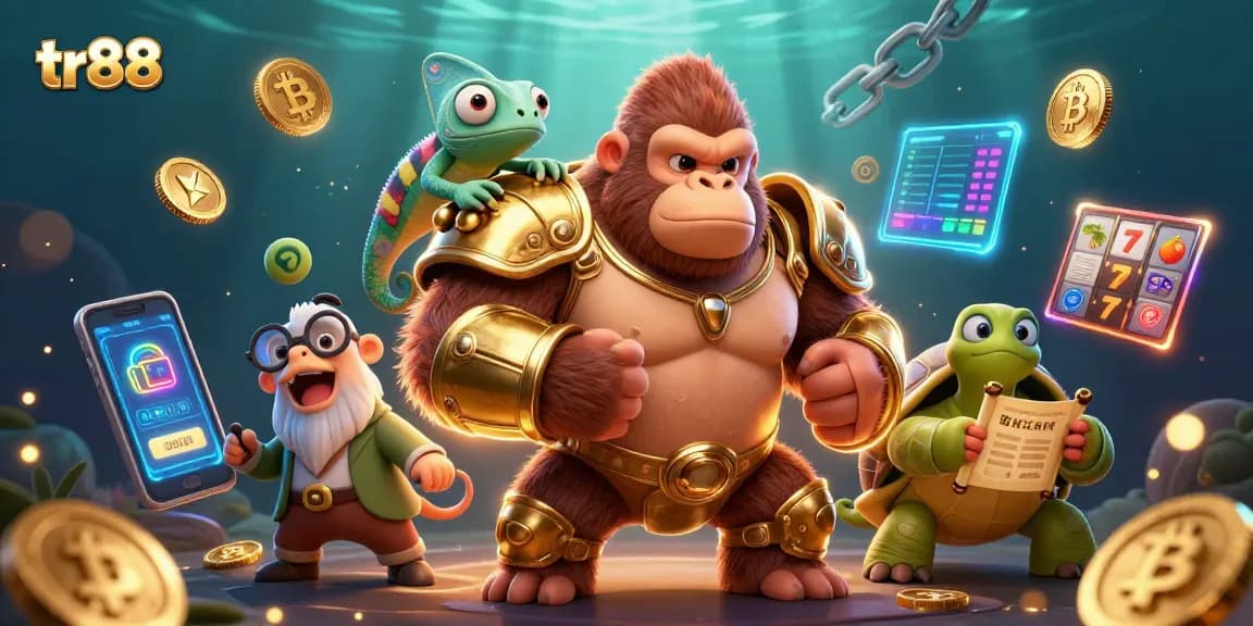 Experience thrilling gameplay with tr88, featuring a gorilla king, chameleon spy, and dinosaur elder amidst vibrant slot elements.