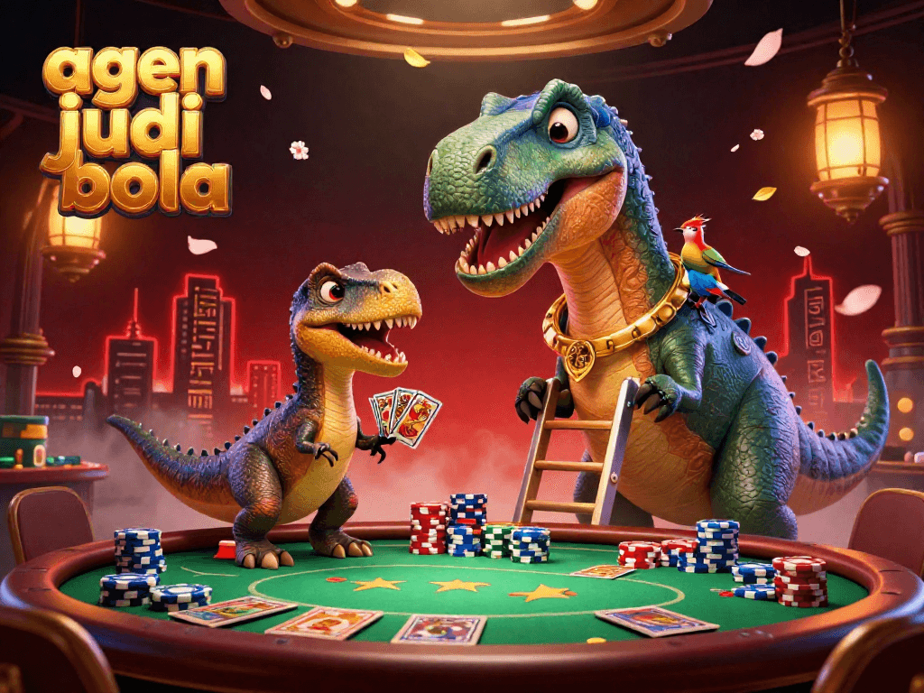 Engage with the action at agen judi bola, featuring a playful brontosaurus in a casino setting amid sports betting excitement.