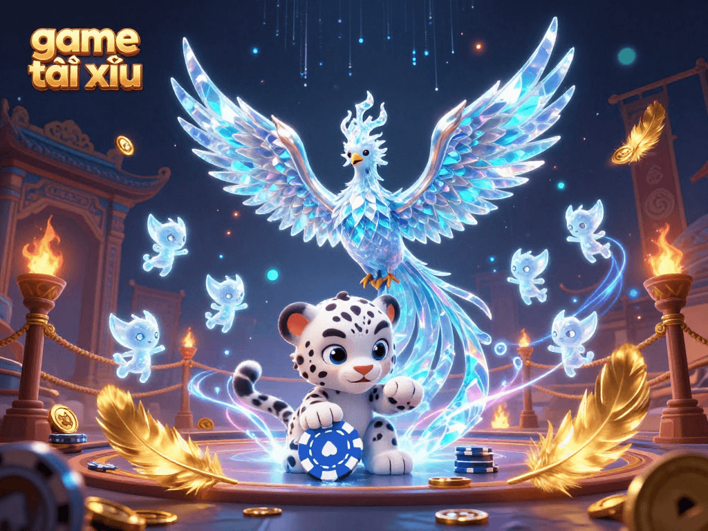 Engage in game tài xỉu with an enchanting scene featuring a mythical ice phoenix and playful snow leopard.