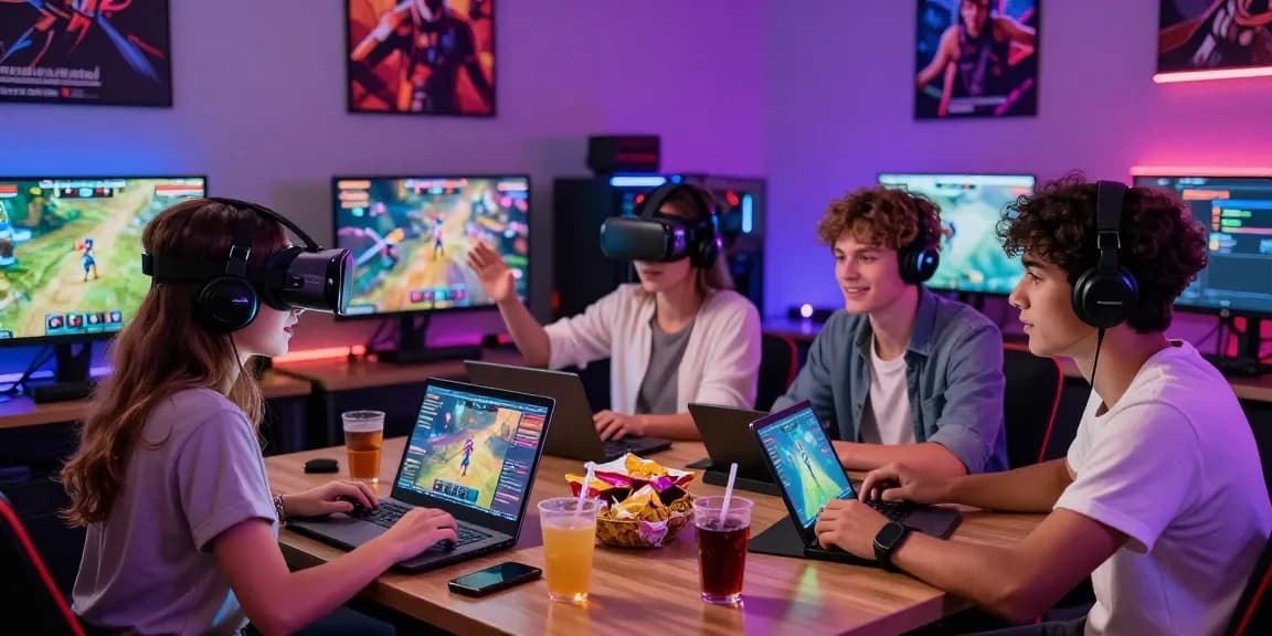 Players immersed in free sex games on devices in lively gaming lounge.