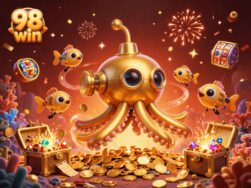 Experience thrilling gameplay with 98 win, featuring golden kraken submarine and vibrant casino elements.