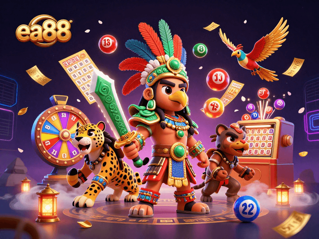 Experience thrilling games with ea88 as an Aztec eagle warrior and friends celebrate big wins.