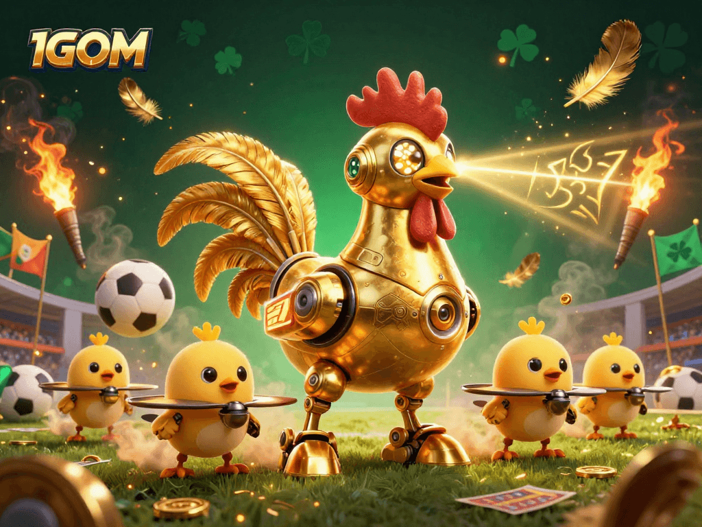 Engage in sports betting excitement at 1GOM with vibrant gaming elements depicted in a dynamic illustration.