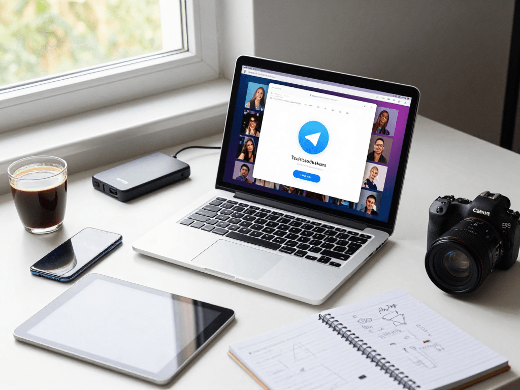 在现代工作环境中，用户使用电报跨设备沟通，展示技术书籍和创新工具。