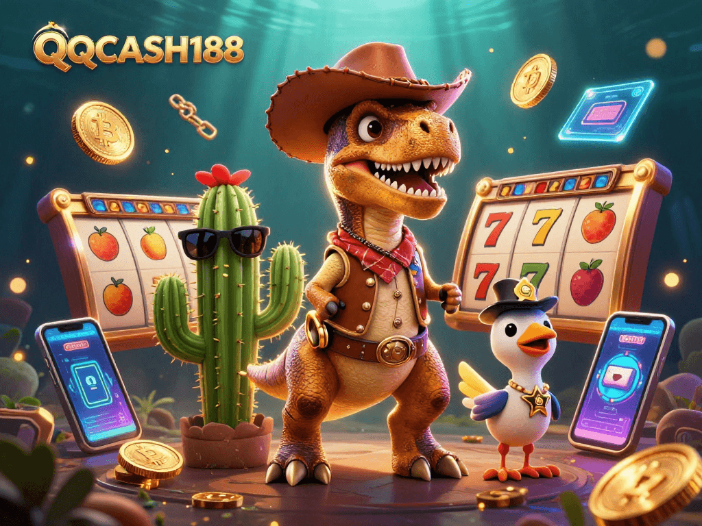 Experience thrilling slots and jackpots at QQCASH188 with a vibrant, engaging illustration.