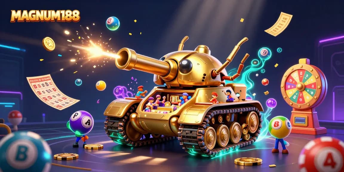 Experience the excitement of MAGNUM188 with a lively illustration of a golden beetle casino tank and dynamic lottery elements.