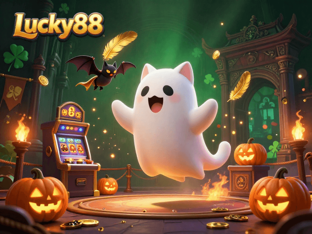 Engage with Lucky88's vibrant ghost-themed casino experience featuring playful characters and festive elements.