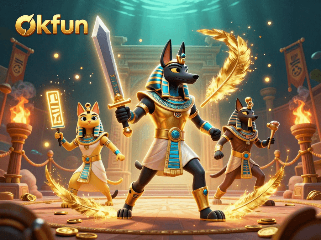 Experience exciting betting adventures with okfun in this dynamic 3D casino scene featuring Anubis and Bastet.