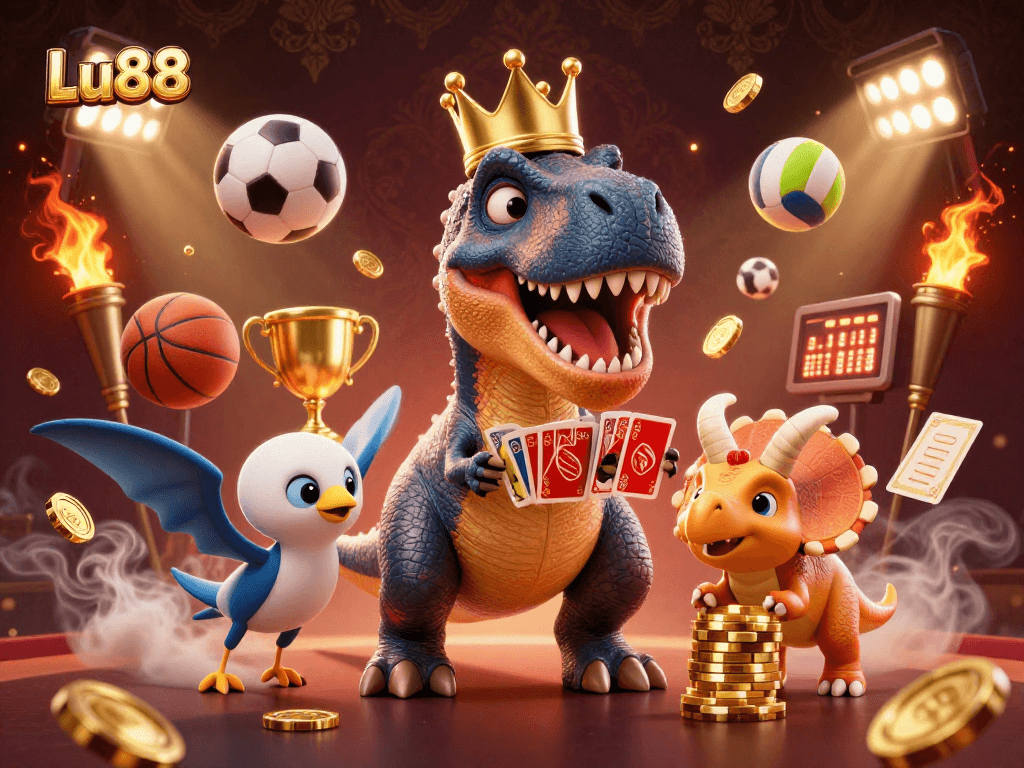 Experience thrilling gaming action with Lu88's vibrant characters and dynamic elements in this immersive illustration.