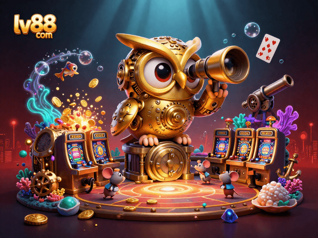 Experience vibrant gaming with lv88 com's cartoon owl and bustling casino atmosphere.
