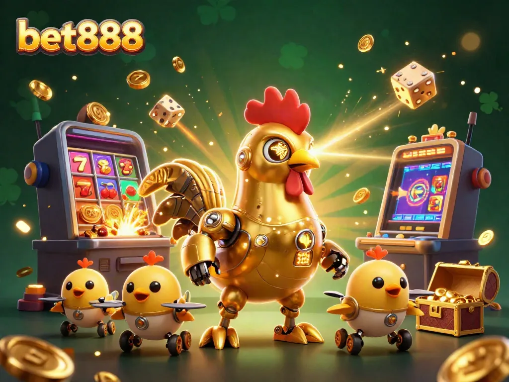 Experience the excitement of bet888 at this vibrant online casino illustration featuring dynamic characters and rich game elements.