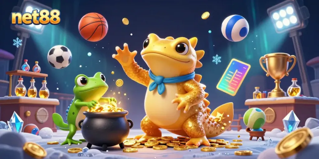 Experience thrilling gameplay and betting excitement with net88 as golden coins and sports elements blend in a vibrant illustration.