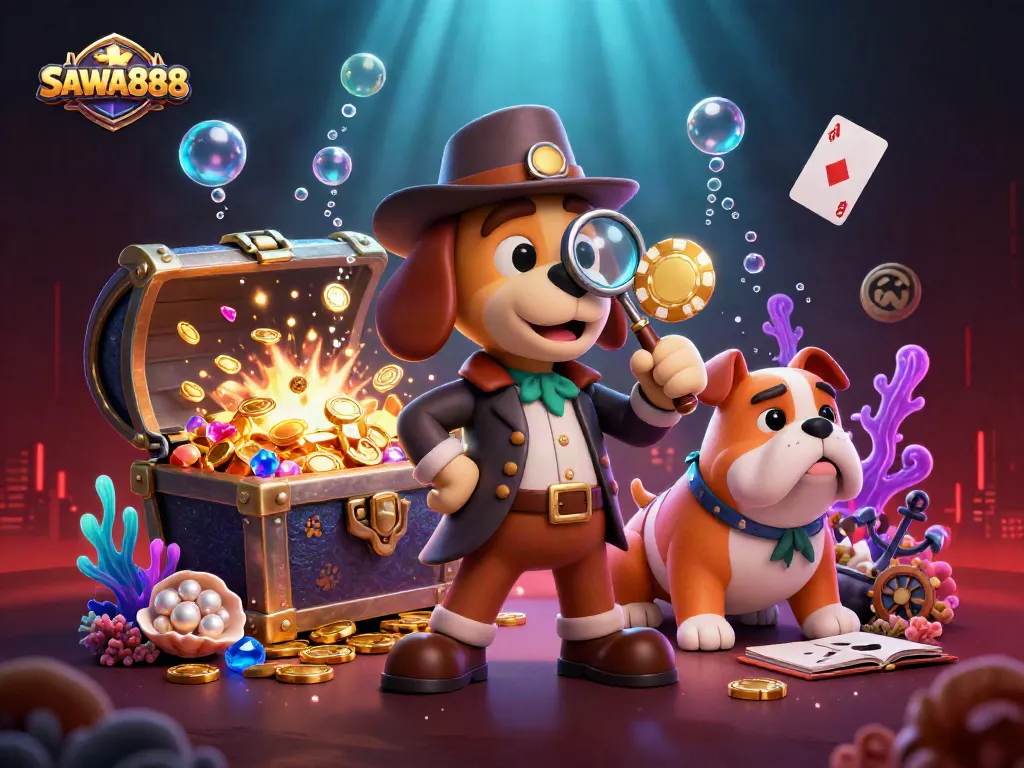 Engage with SAWA888 as a detective bloodhound uncovers poker treasures in a vibrant casino scene.