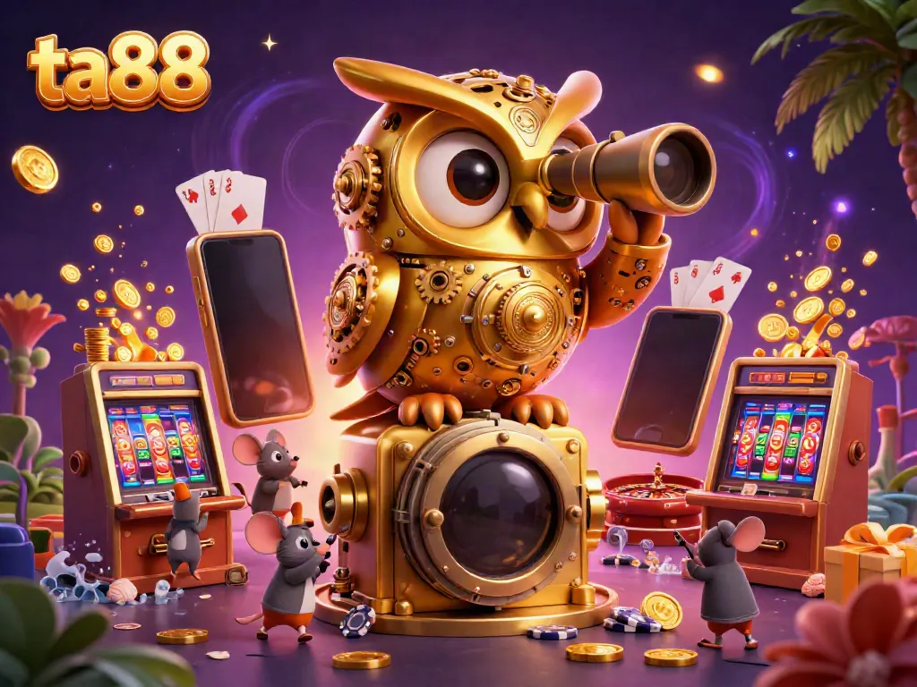 Engage with ta88's vibrant online casino scene featuring a dynamic clockwork owl and slot machines.