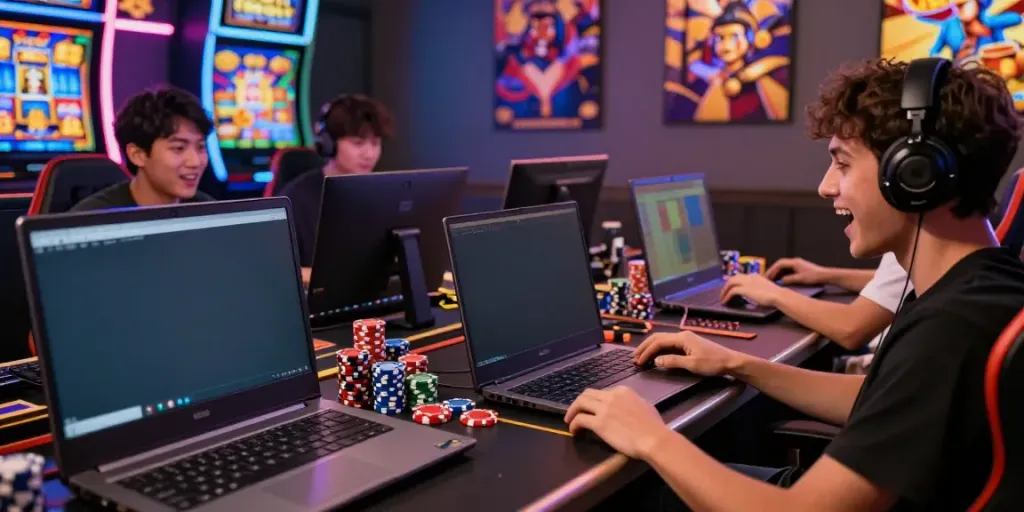 Players enjoying an intense slot88 gaming session with vibrant visuals and dynamic atmosphere.