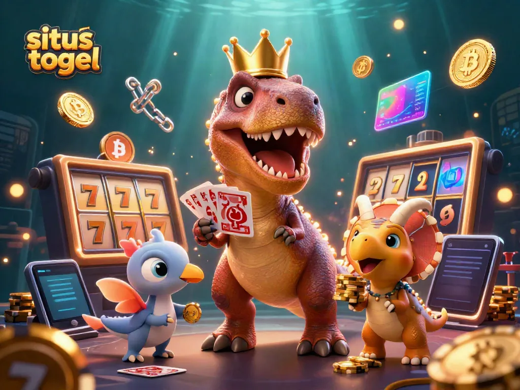 Engage with the dynamic situs togel scene featuring cartoon dinosaurs shuffling cards and stacking chips.