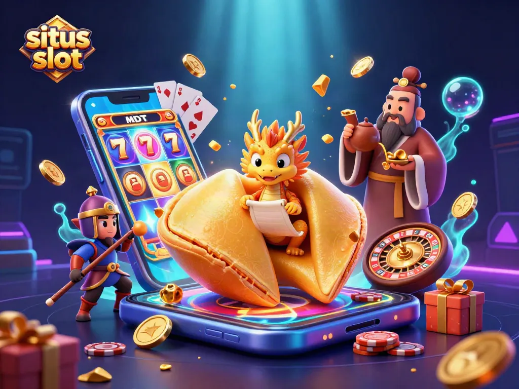 Situs slot games bring excitement, depicting a golden fortune cookie and a wise dragon amidst casino elements.
