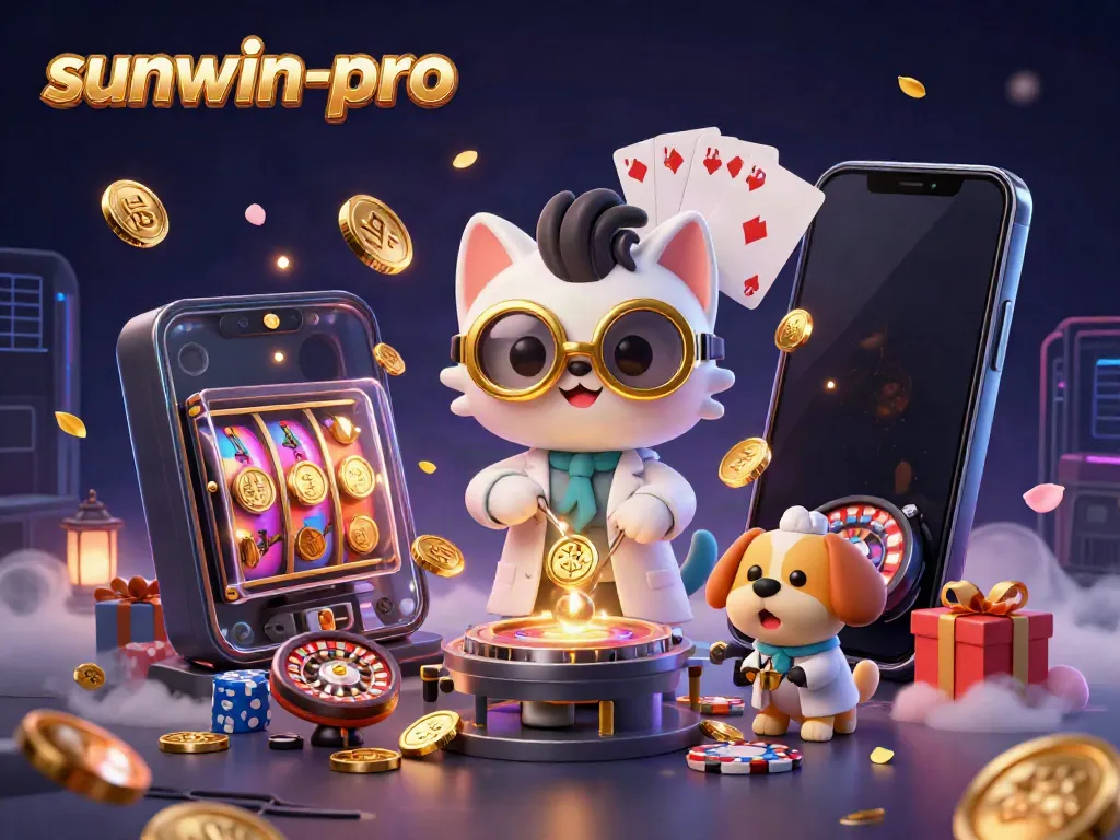 Spin and win with sunwin-pro in this vibrant 3D casino scene featuring playful characters and exciting elements.