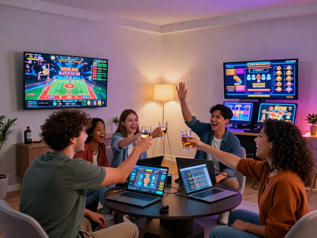 Friends celebrating a win at FIVE88, showcasing a modern online gambling platform in a lively setting.