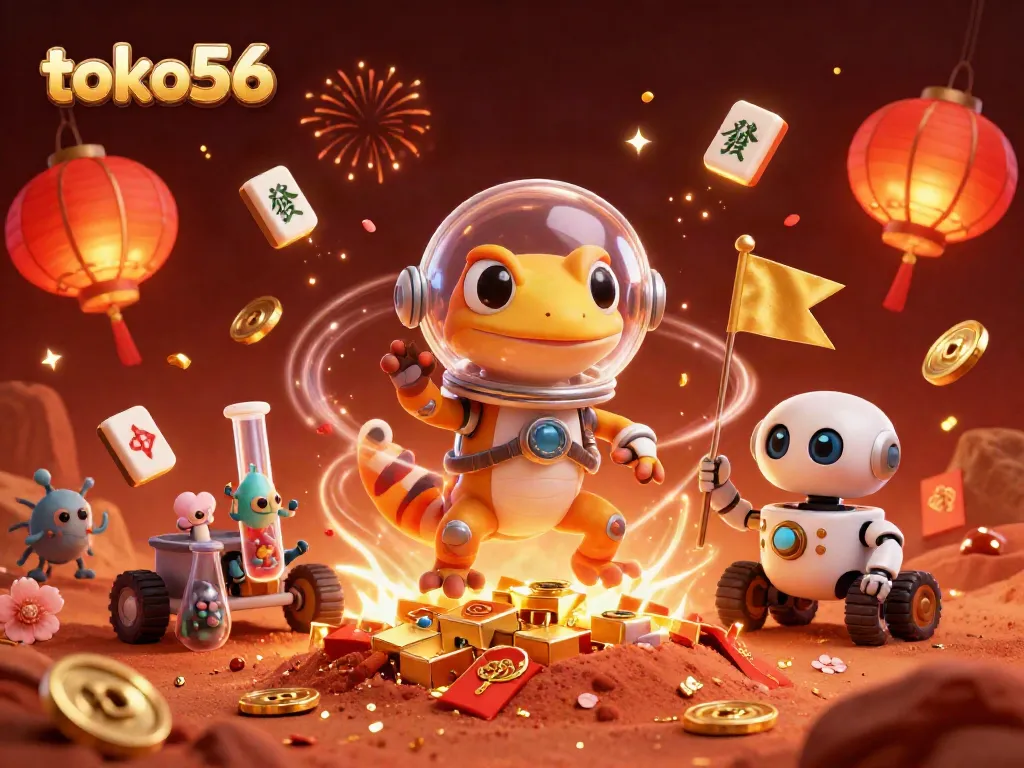 Win big with TOKO56 as the Martian gecko discovers a hidden golden casino in this vibrant digital scene.