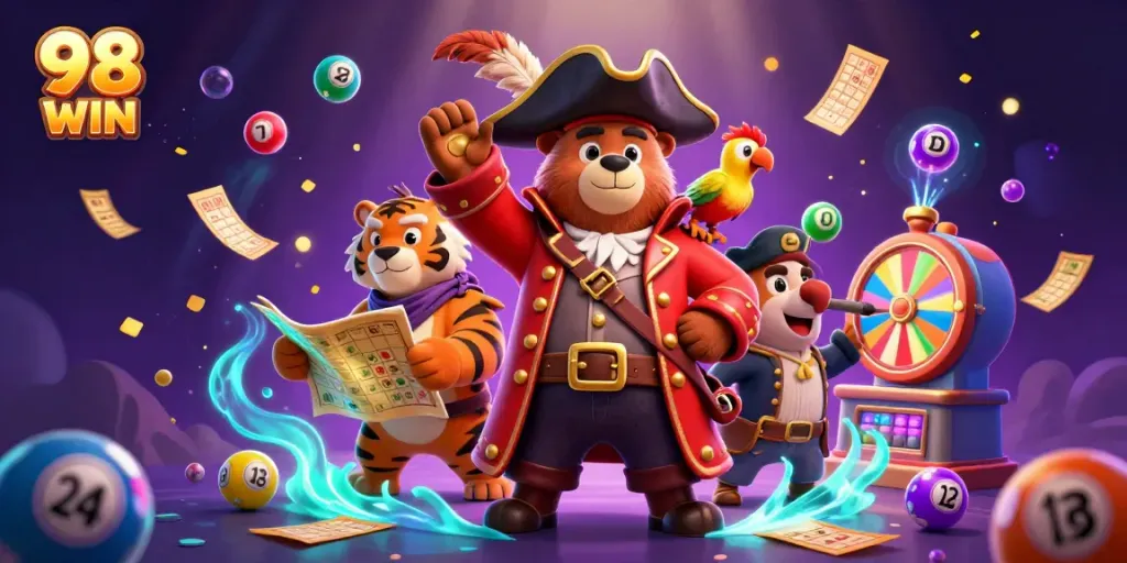 Dive into thrilling gameplay with 98 WIN featuring a pirate bear, tiger, and vivid lottery elements.