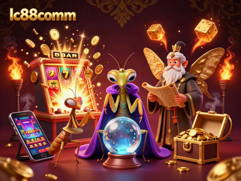 Win big with lc88comm in a vibrant casino scene featuring fortune-telling characters and slot machine excitement.