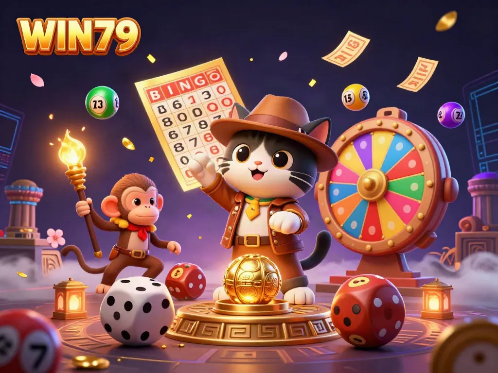 Experience the excitement of WIN79 with a cartoon explorer uncovering casino treasures