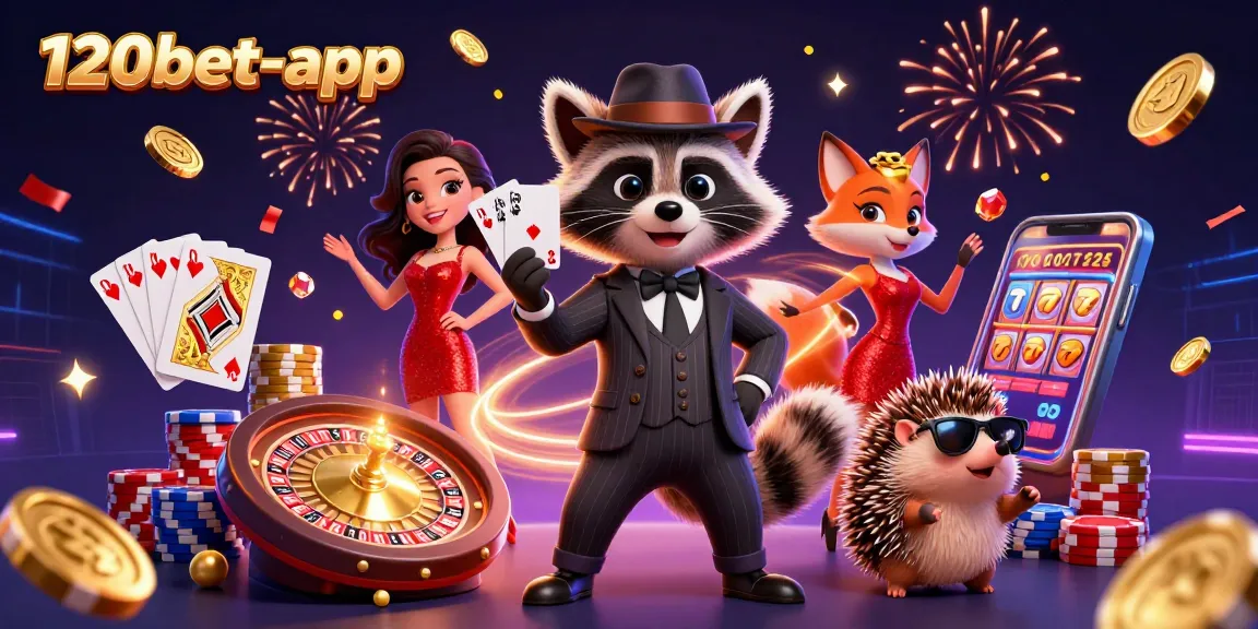 Feel the excitement at 120bet-app with a raccoon showcasing a royal flush in a vibrant casino scene.