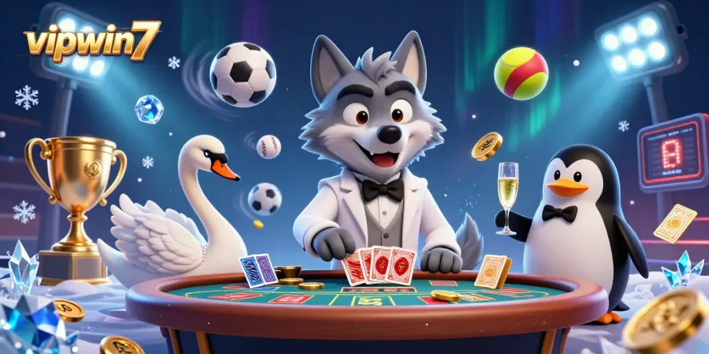 Engage in vipwin7 gaming excitement with a debonair wolf, elegant swan, and sophisticated penguin in a vibrant casino scene.
