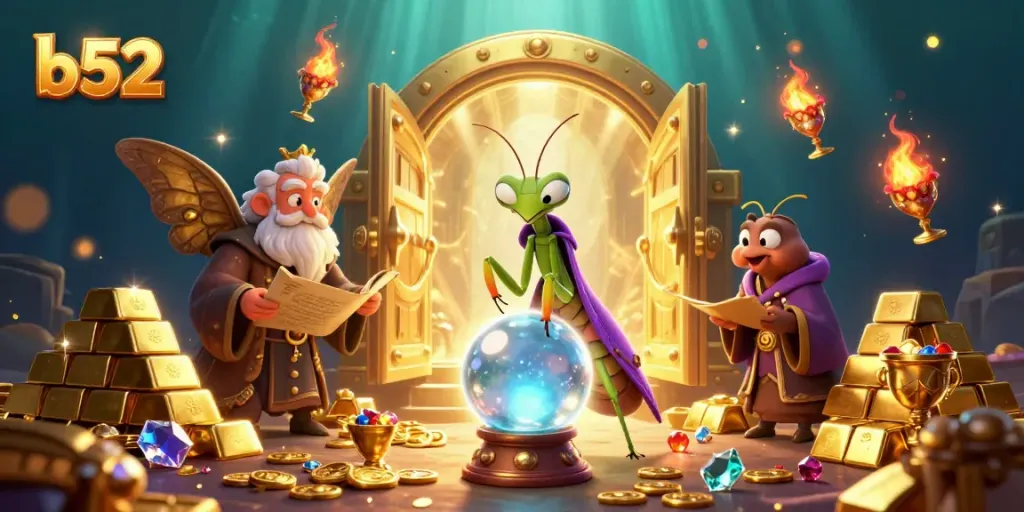 Experience the thrill of b52 casino with cartoon characters, golden treasures, and vibrant game elements.