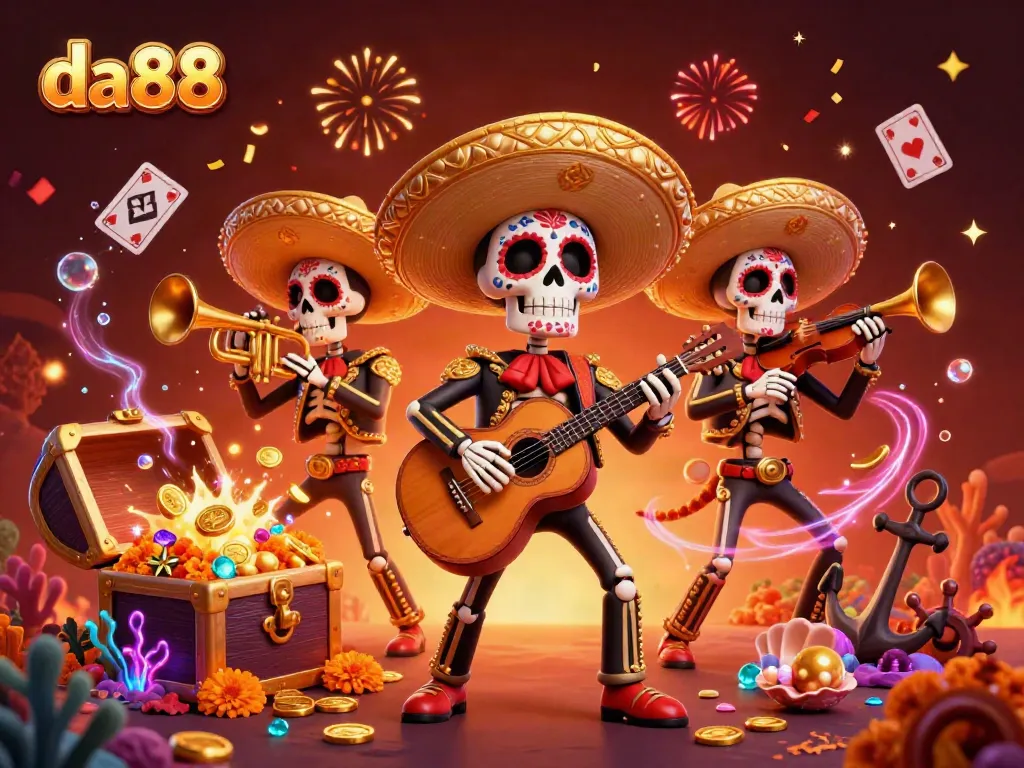 Engage with da88's vibrant casino experience in a spirited 3D scene featuring a mariachi band and treasure elements.