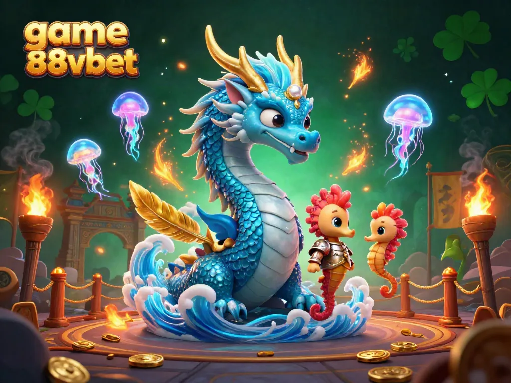 Engage in thrilling gameplay with game 88vbet, featuring an azure water dragon and captivating casino elements.