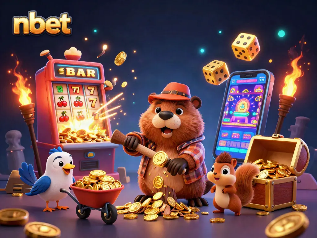 Join nbet's vibrant casino world with a playful lumberjack beaver collecting golden coins.
