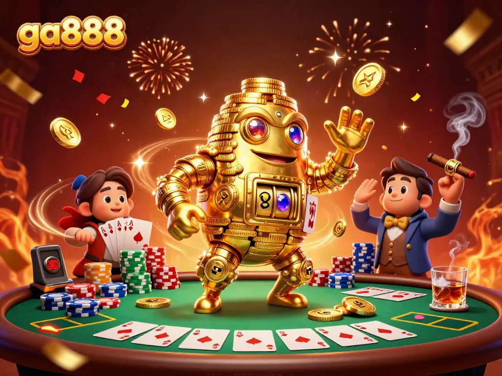 Engage with ga888's thrilling poker showdown featuring a golden golem and vibrant casino elements.