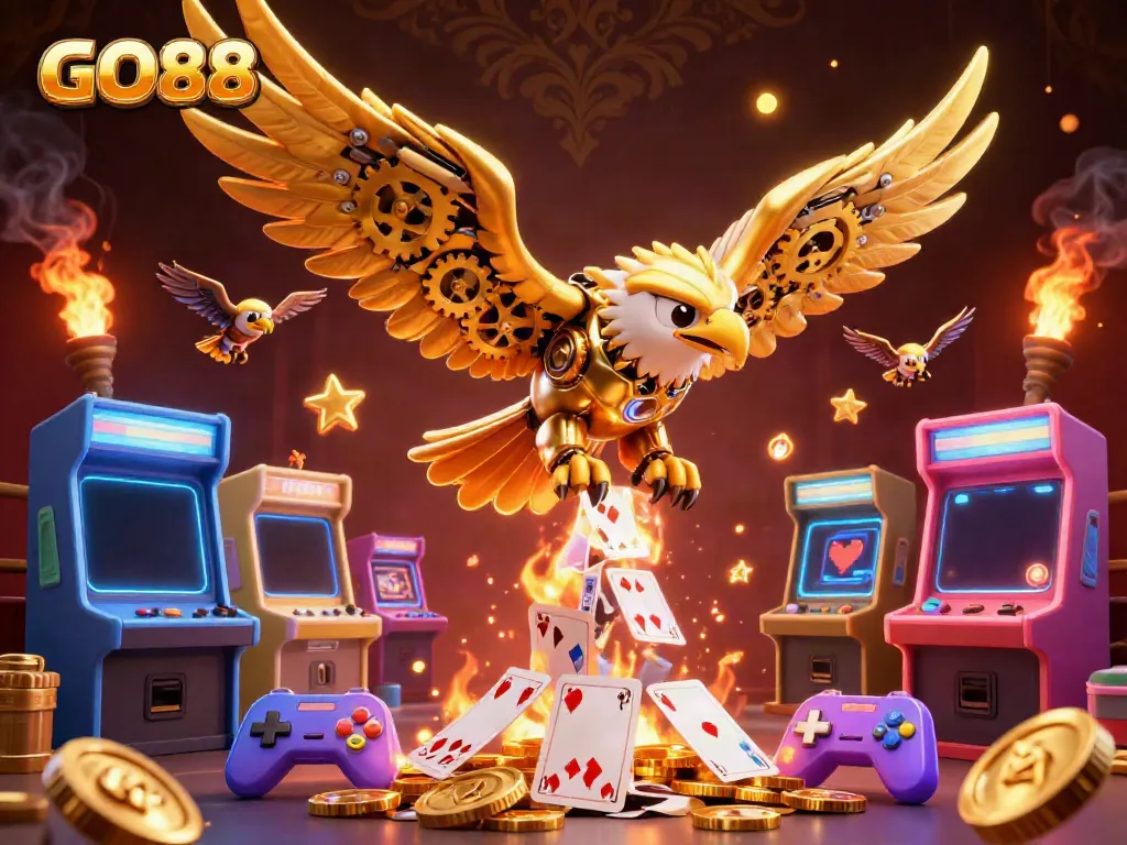 Experience thrilling GO88 gameplay with a cybernetic eagle navigating through vibrant holographic cards.