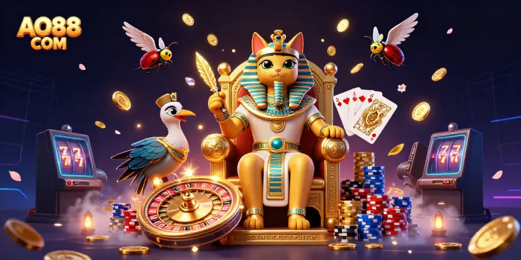 Experience thrilling gameplay with the vibrant AO88 COM slot machine experience illustrated in 3D.