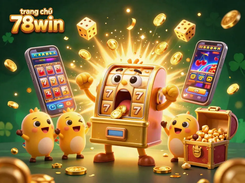Experience the excitement of trang chủ 78win as a golden slot machine hits the jackpot amidst a burst of coins and casino elements.