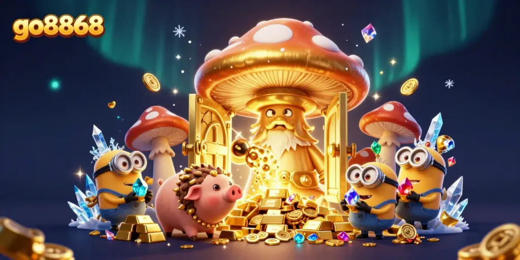 Experience the magic of go8868 with a golden wizard and treasure-filled adventure scene.