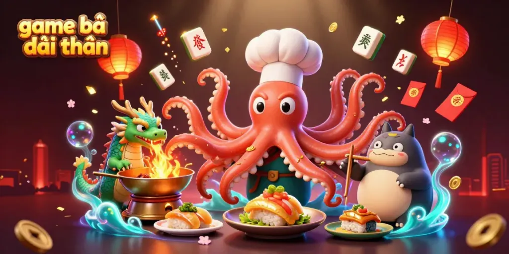 Experience game bài đổi thưởng through a vivid culinary casino scene with dynamic characters and rich visuals.