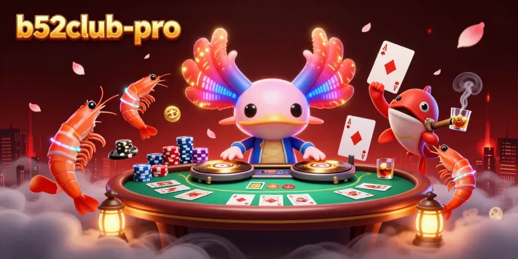 Catch the excitement at b52club-pro with a vibrant 3D casino party illustration featuring axolotl DJ and poker.