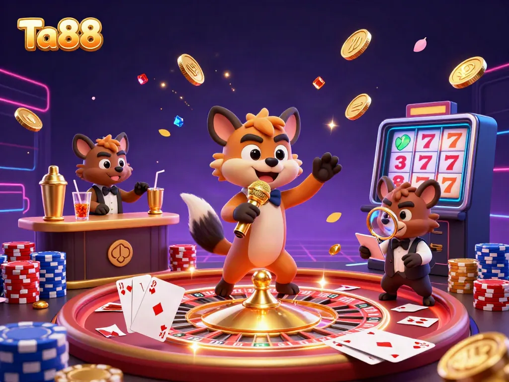 Engage in exciting gameplay at Ta88, featuring a hyena comedian, bartender, and bouncer in a dynamic casino scene.