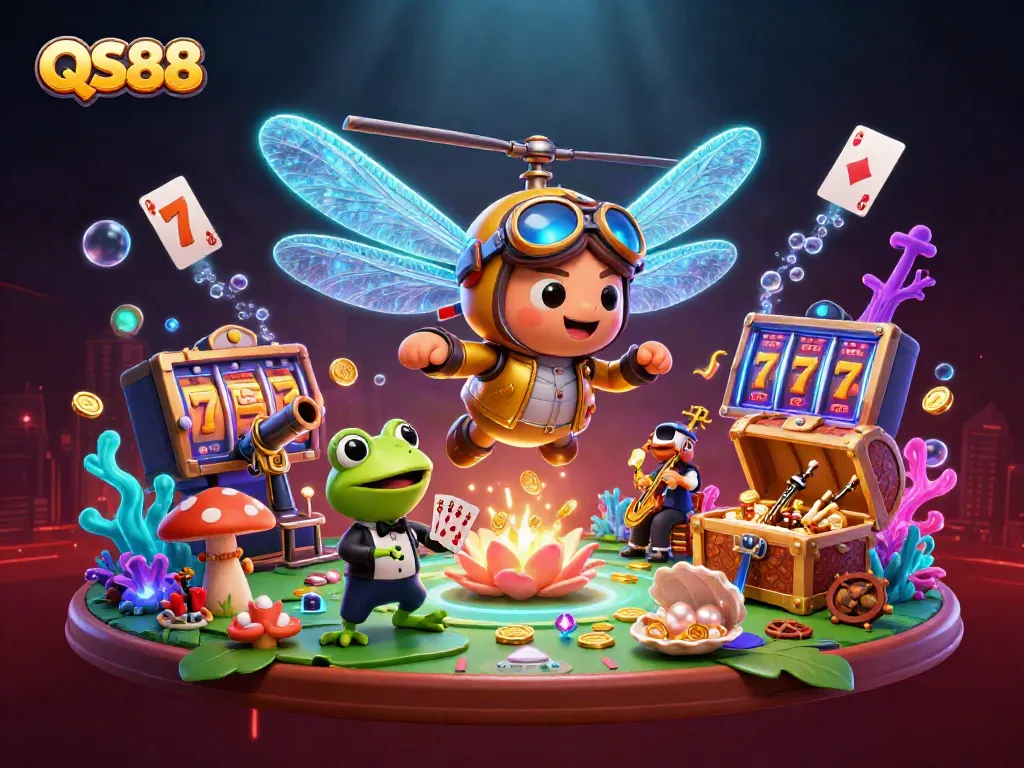 Experience the excitement of QS88 with dynamic slot reels and vibrant gambling elements.