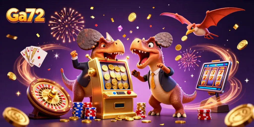 Ga72 casino scene featuring a pachycephalosaurus winning coins with a slot machine