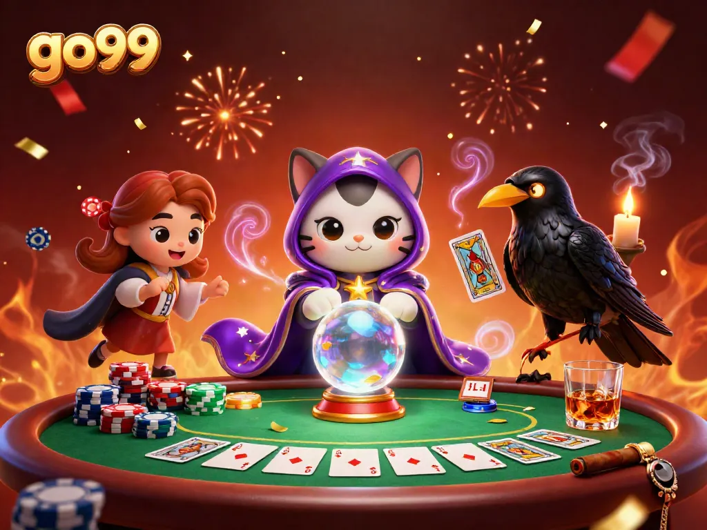 Experience thrilling gameplay at go99 with a mystic cat and raven in a dynamic poker scene.