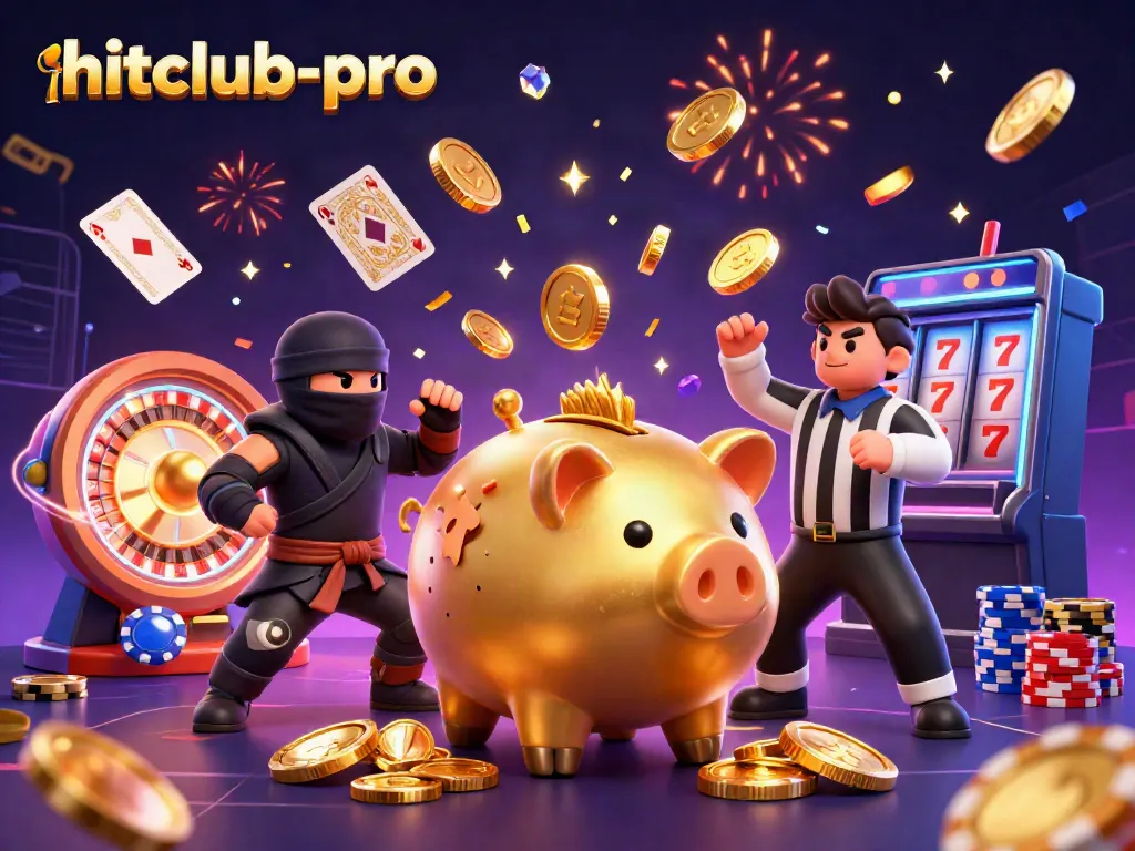 Experience exhilarating wins with hitclub-pro in a vibrant casino scene featuring a golden piggy bank sumo wrestler.