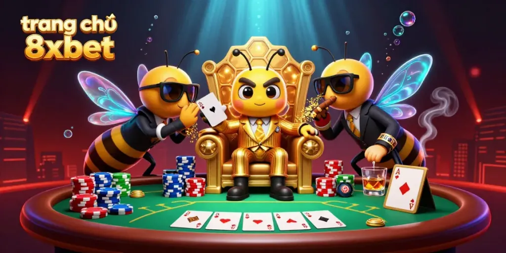 Experience the excitement at trang chủ 8xbet with vibrant 3D casino illustration depicting high-stakes poker action.
