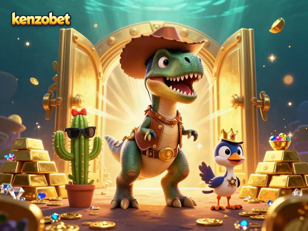 Experience winning with Kenzobet in this vibrant 3D casino adventure illustration.